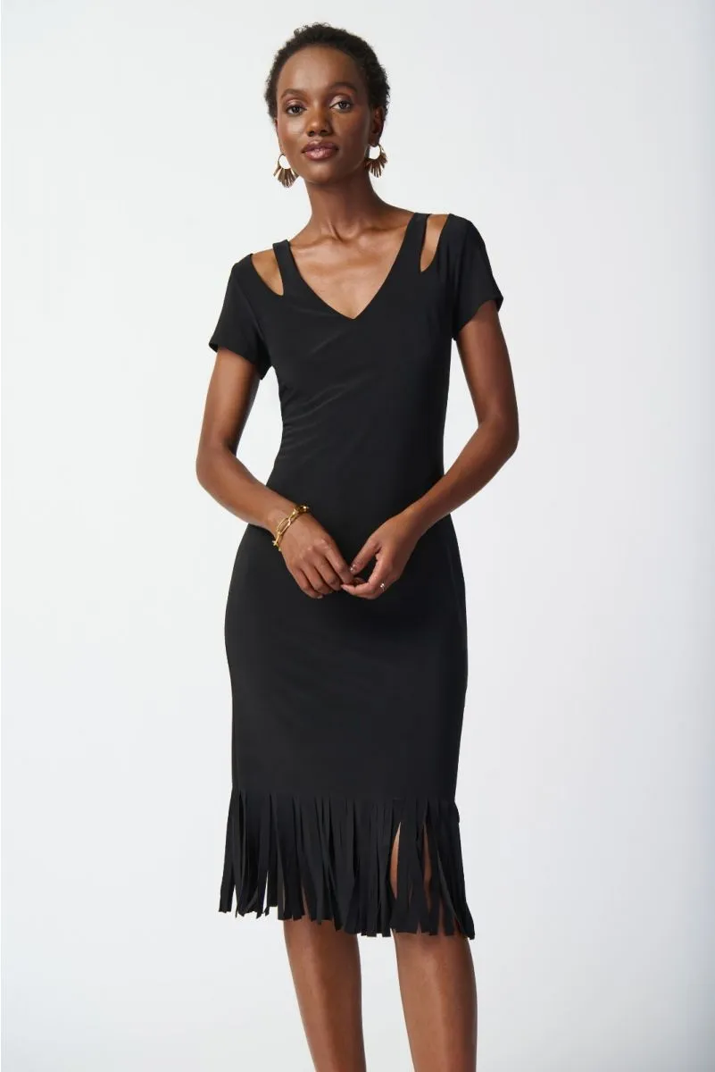 Joseph Ribkoff Cutout Detail Fringe Hem Midi Sheath Dress 241053