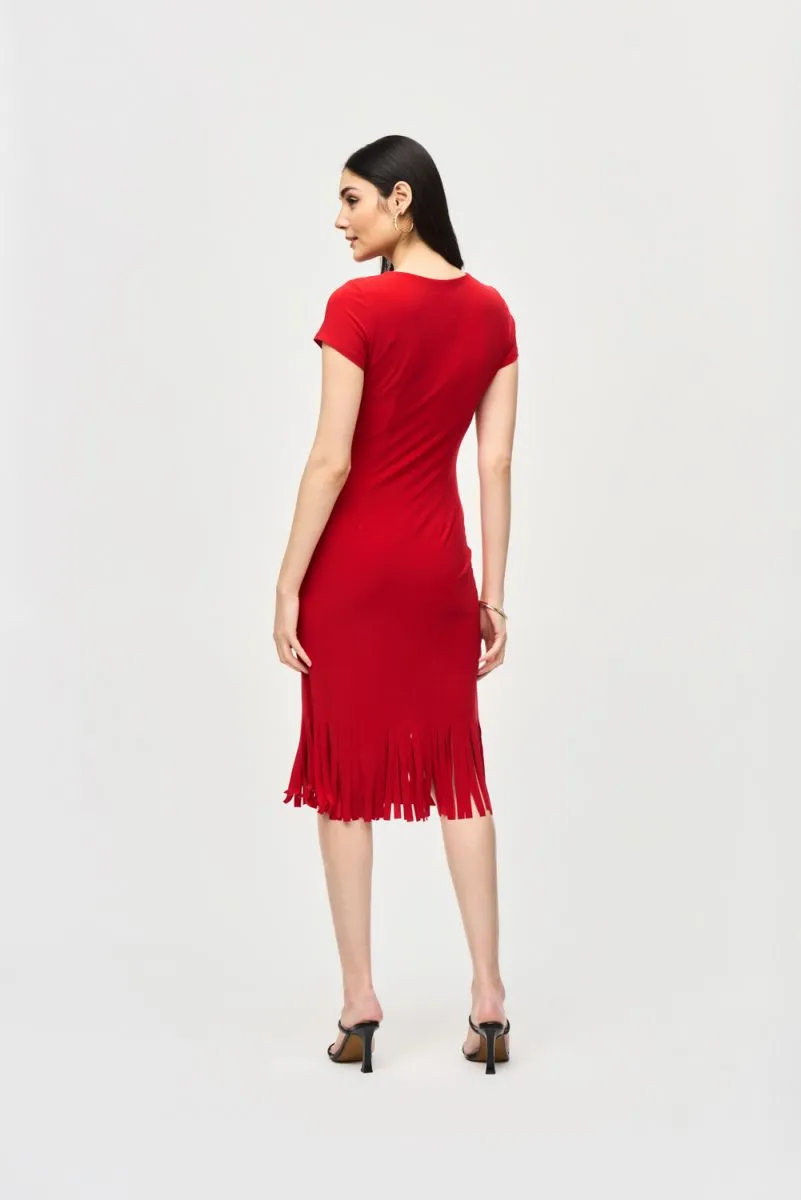 Joseph Ribkoff Cutout Detail Fringe Hem Midi Sheath Dress 241053