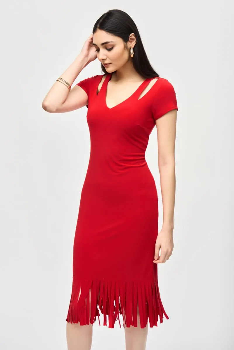 Joseph Ribkoff Cutout Detail Fringe Hem Midi Sheath Dress 241053