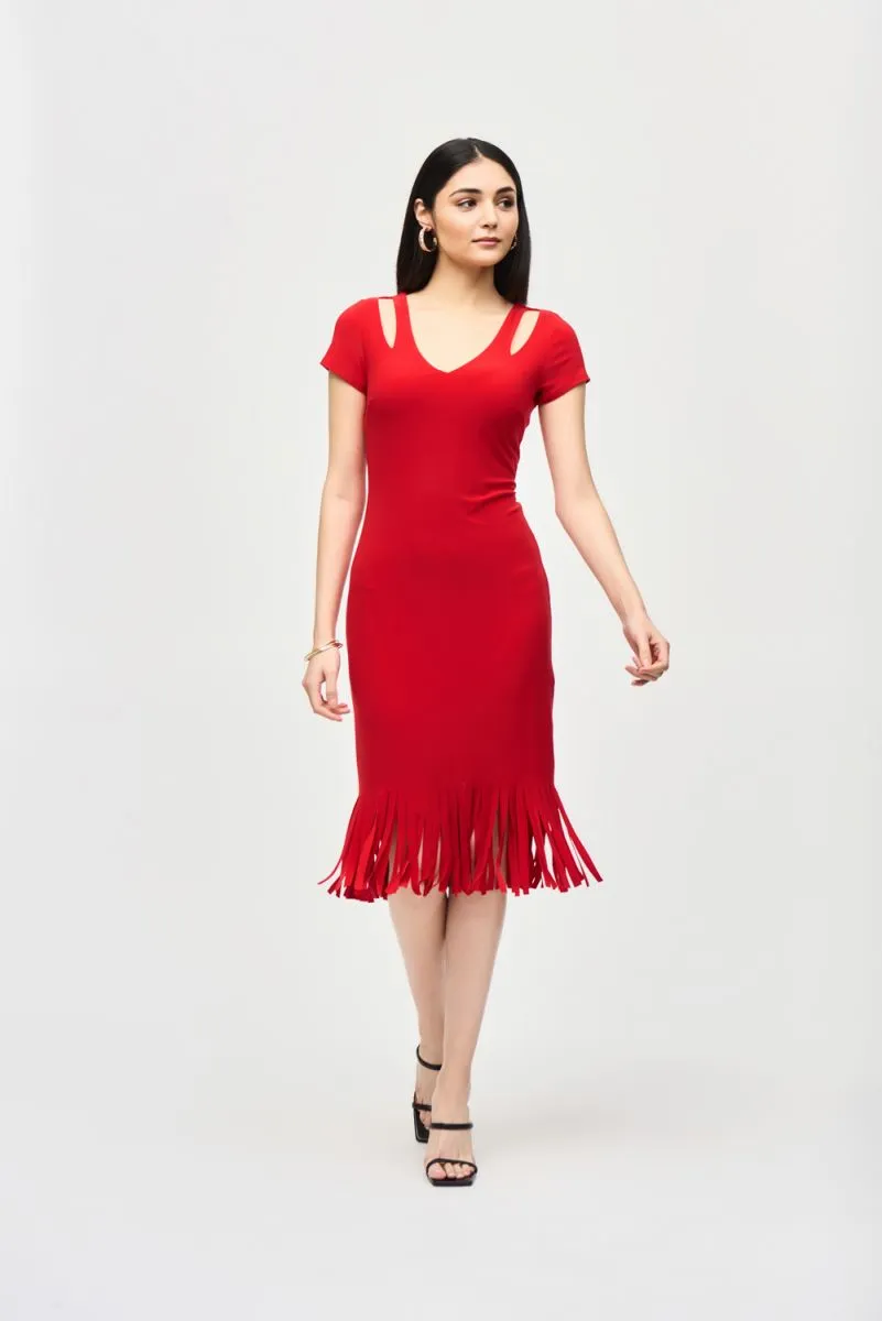 Joseph Ribkoff Cutout Detail Fringe Hem Midi Sheath Dress 241053