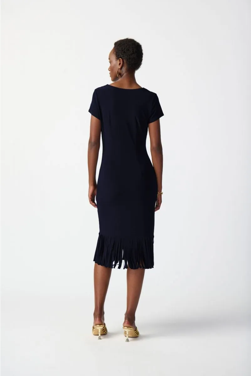 Joseph Ribkoff Cutout Detail Fringe Hem Midi Sheath Dress 241053