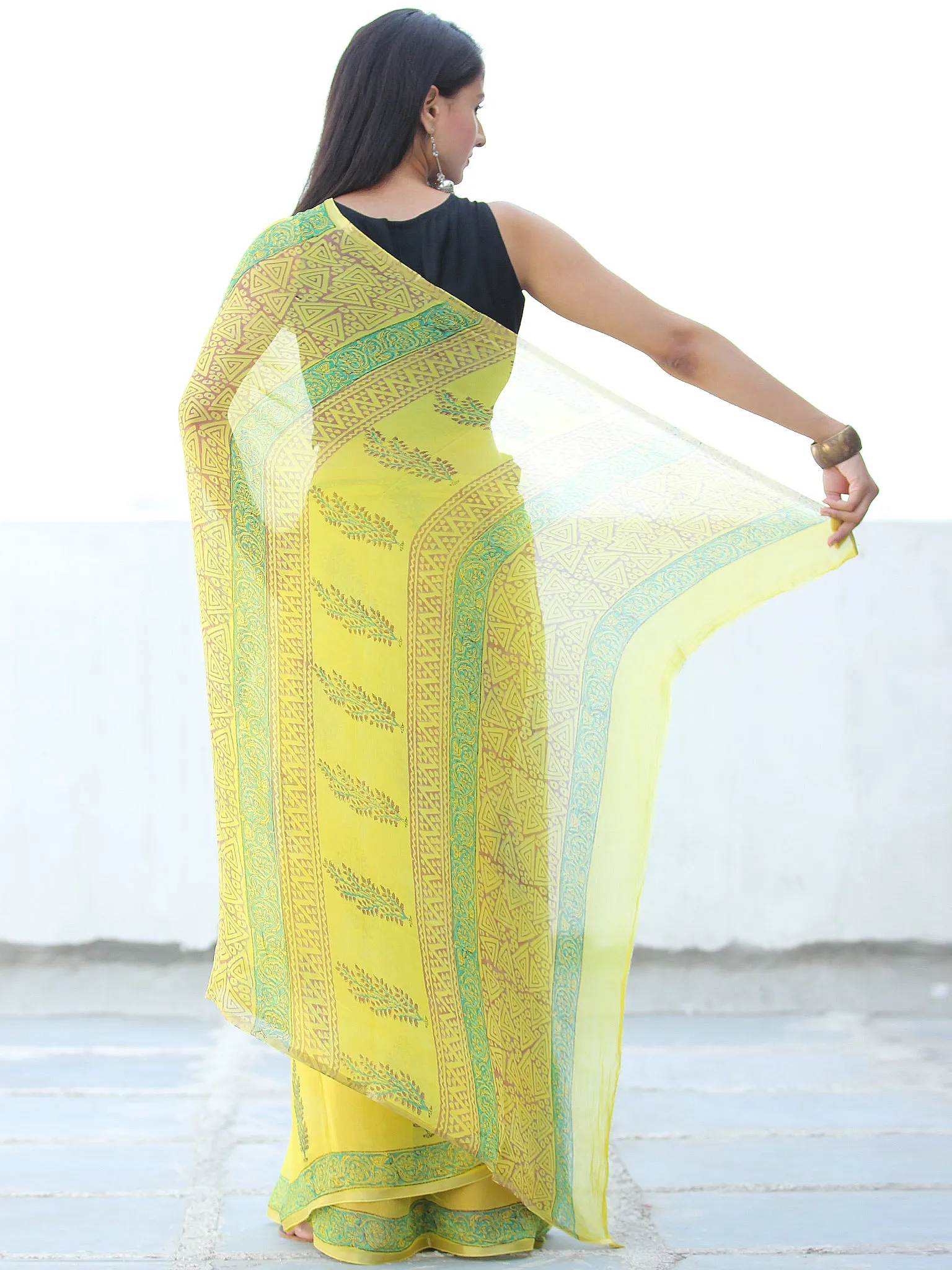 Lemon Yellow Green Hand Block Printed Chiffon Saree with Zari Border - S031703930