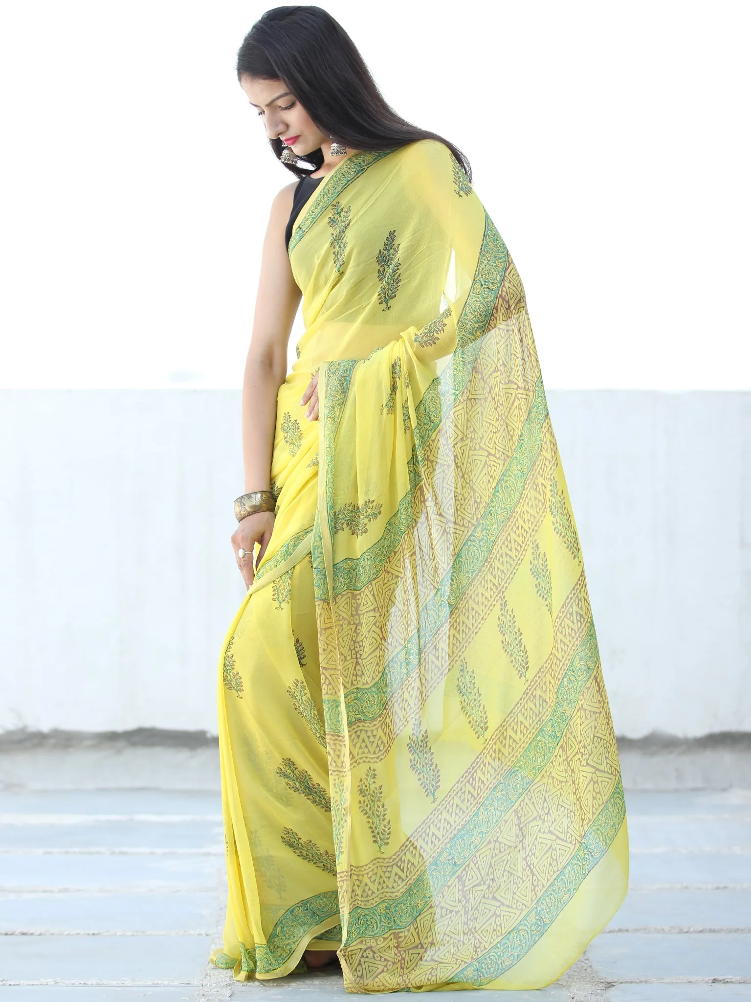 Lemon Yellow Green Hand Block Printed Chiffon Saree with Zari Border - S031703930