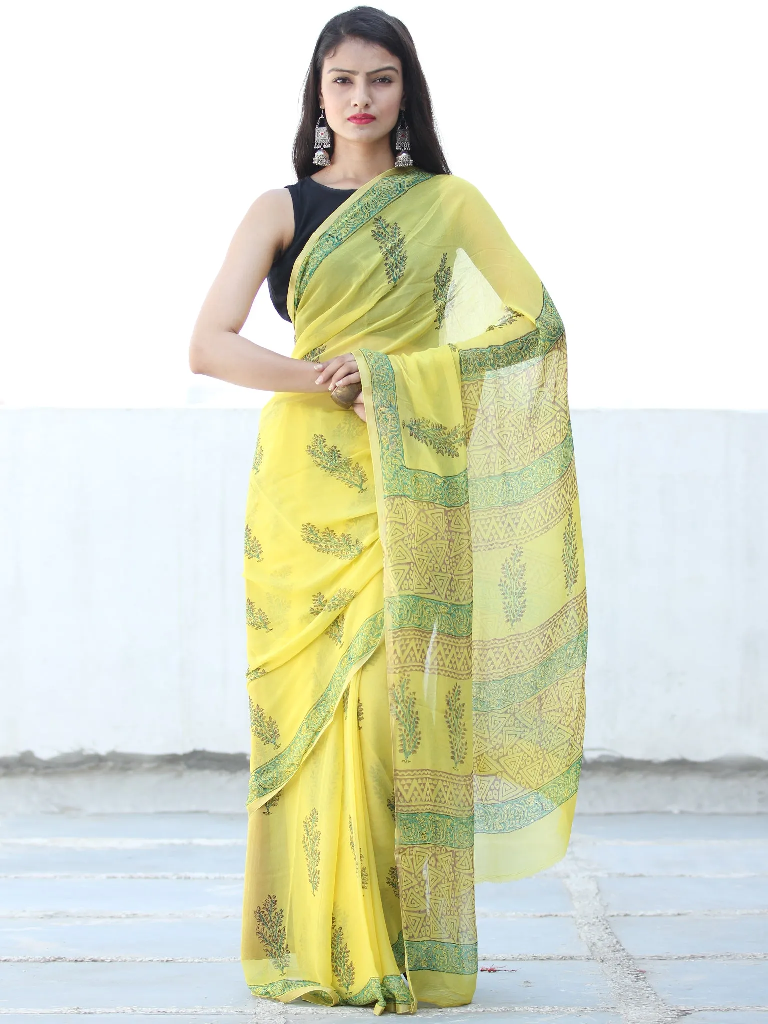 Lemon Yellow Green Hand Block Printed Chiffon Saree with Zari Border - S031703930