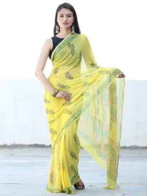 Lemon Yellow Green Hand Block Printed Chiffon Saree with Zari Border - S031703930