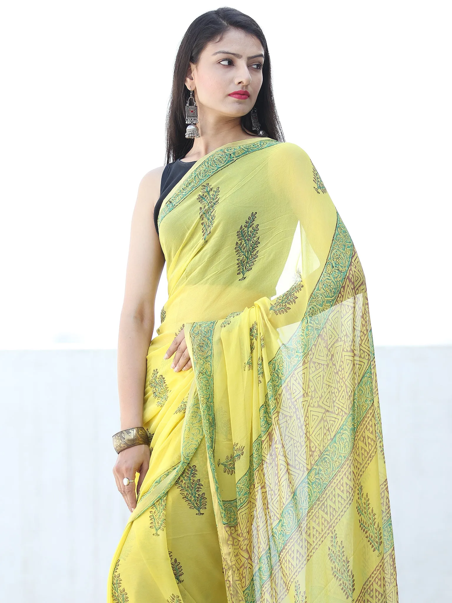 Lemon Yellow Green Hand Block Printed Chiffon Saree with Zari Border - S031703930