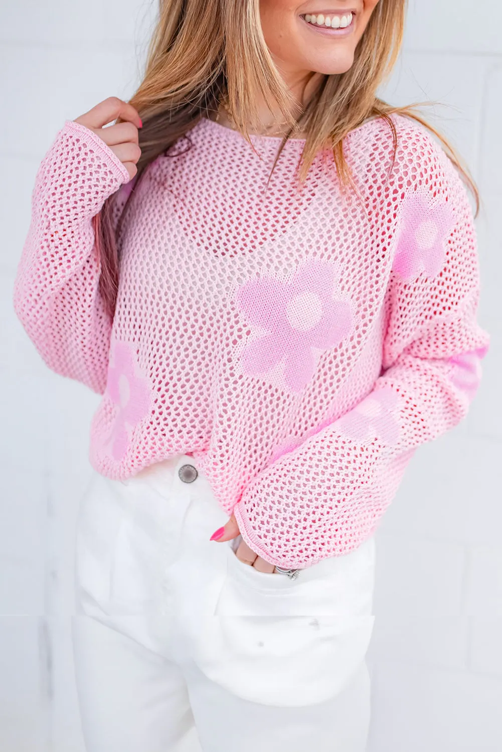 Light Grey Big Flower Hollowed Knit Drop Shoulder Sweater