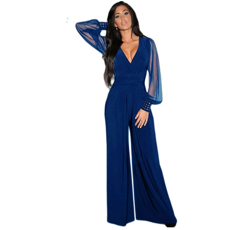 Long Black Rompers Womens Jumpsuit Party V-neck Embellished Cuffs Mesh Sleeves Loose Club Pants