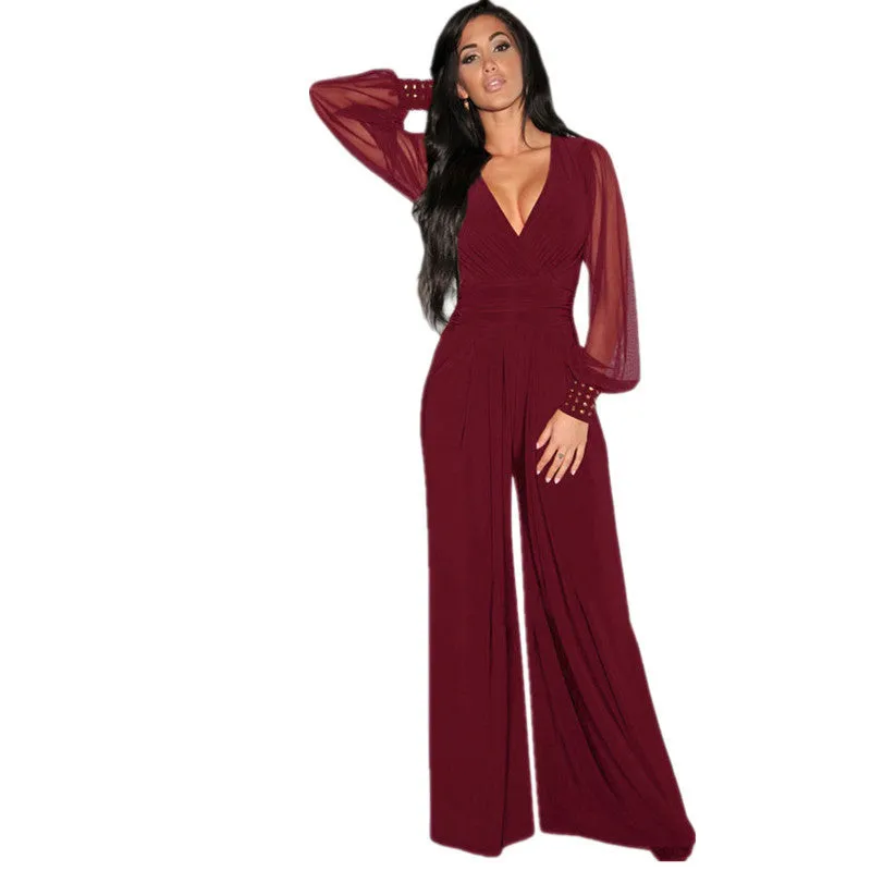 Long Black Rompers Womens Jumpsuit Party V-neck Embellished Cuffs Mesh Sleeves Loose Club Pants