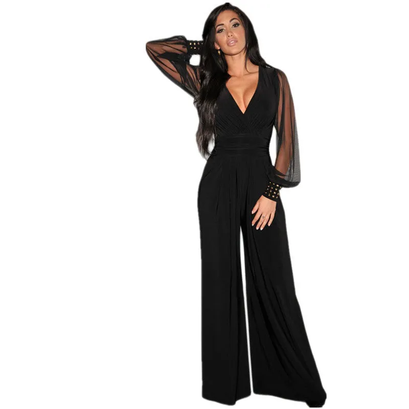 Long Black Rompers Womens Jumpsuit Party V-neck Embellished Cuffs Mesh Sleeves Loose Club Pants