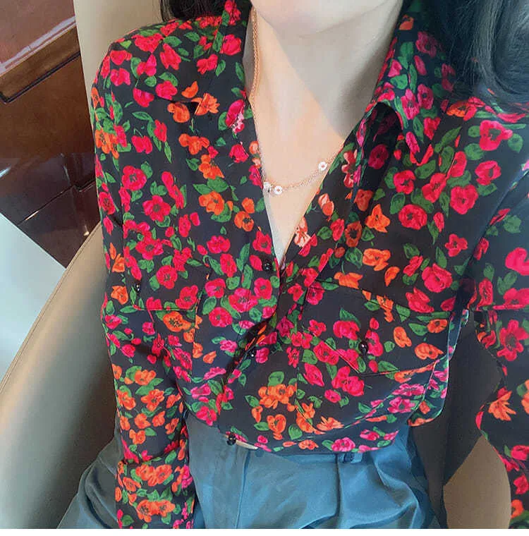 Long Sleeve Flowers Pattern Notched Blouse Shirt