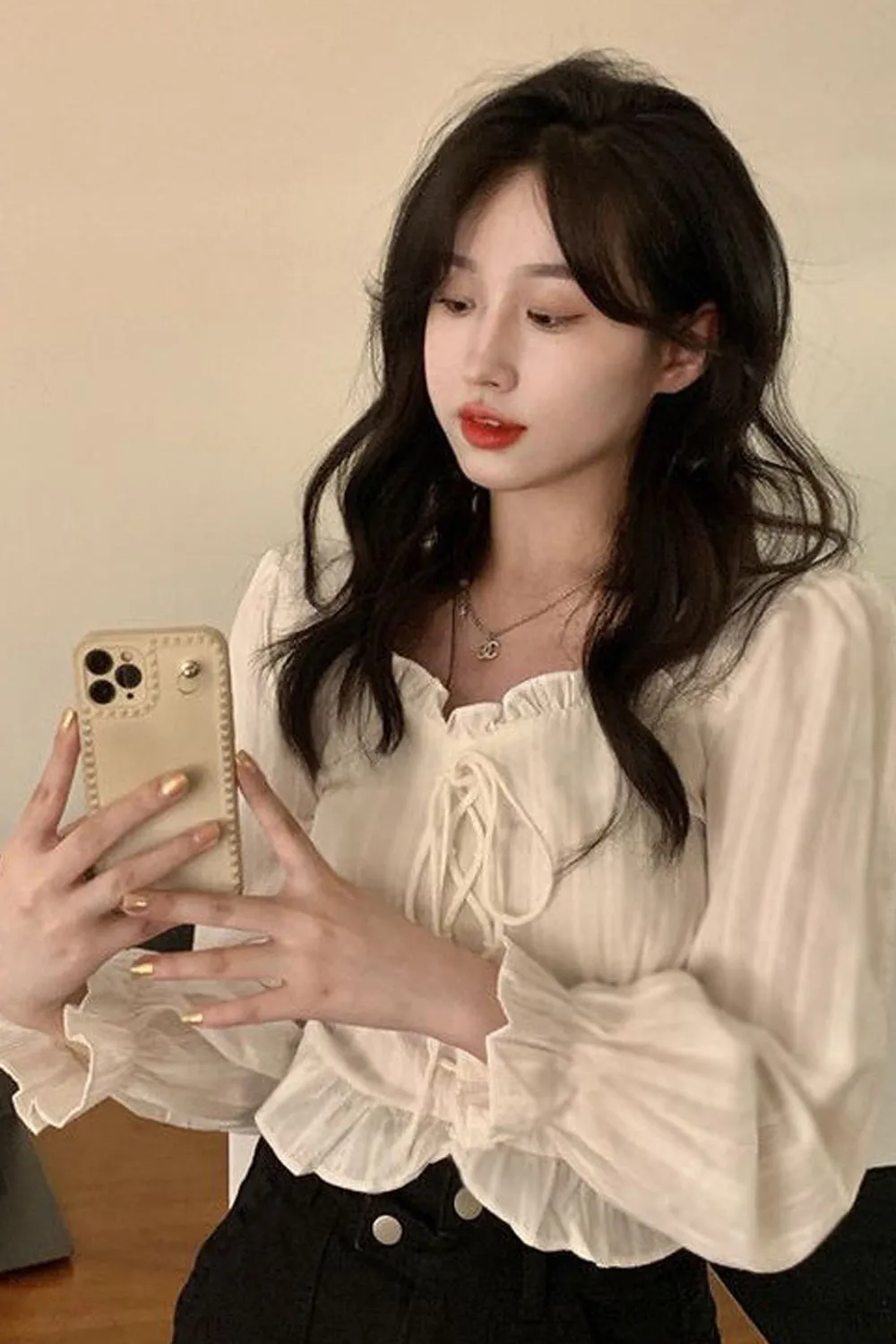 Long Sleeve Lace Tie Cute Blouse Shirts