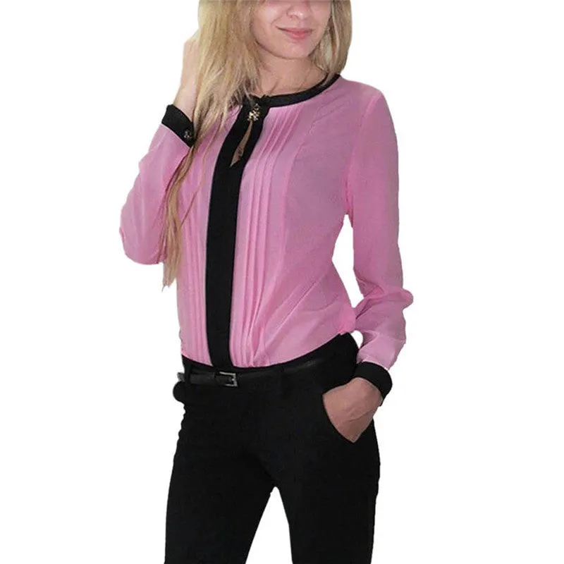 Long Sleeve OL Women Shirt Chiffon Pleated Patchwork Office Blouses Tops