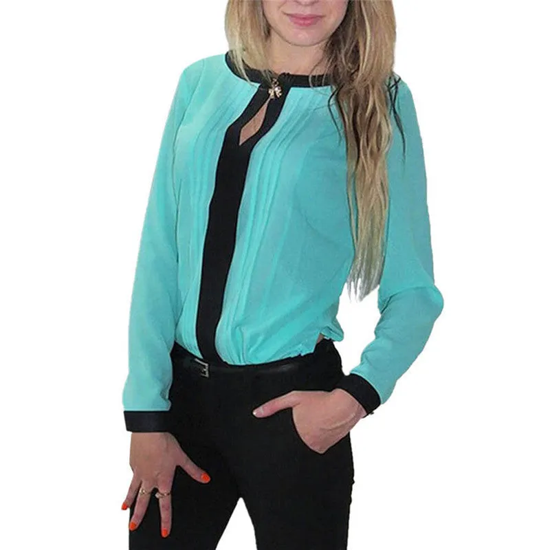 Long Sleeve OL Women Shirt Chiffon Pleated Patchwork Office Blouses Tops
