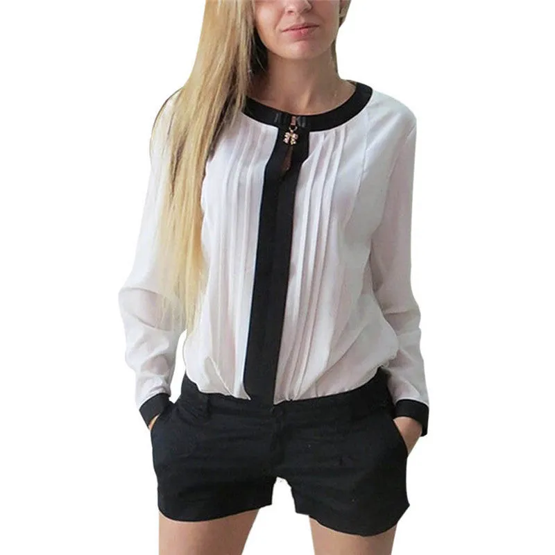 Long Sleeve OL Women Shirt Chiffon Pleated Patchwork Office Blouses Tops