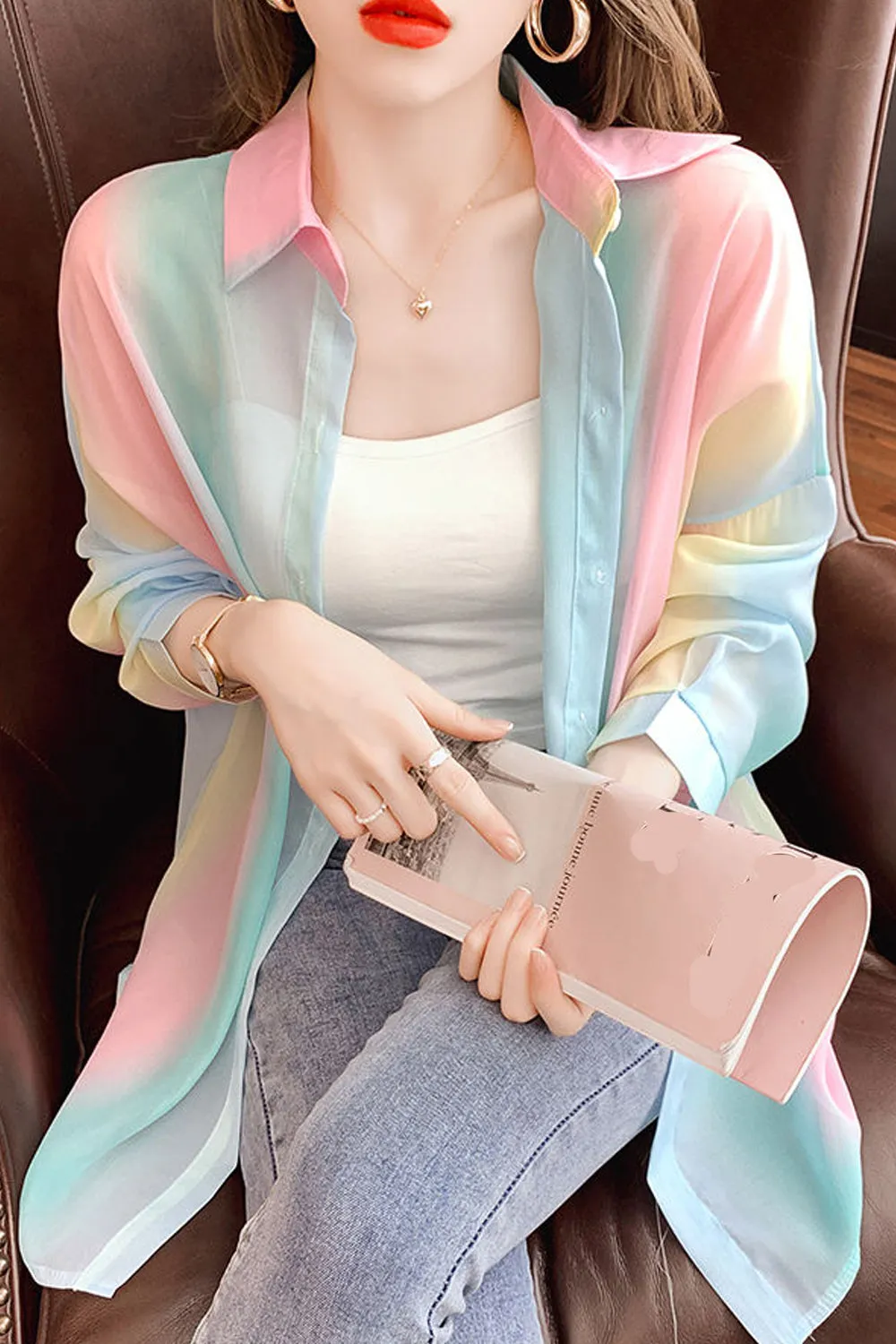 Long Sleeve Pastel Rainbow Chiffon Office Blouse Shirt