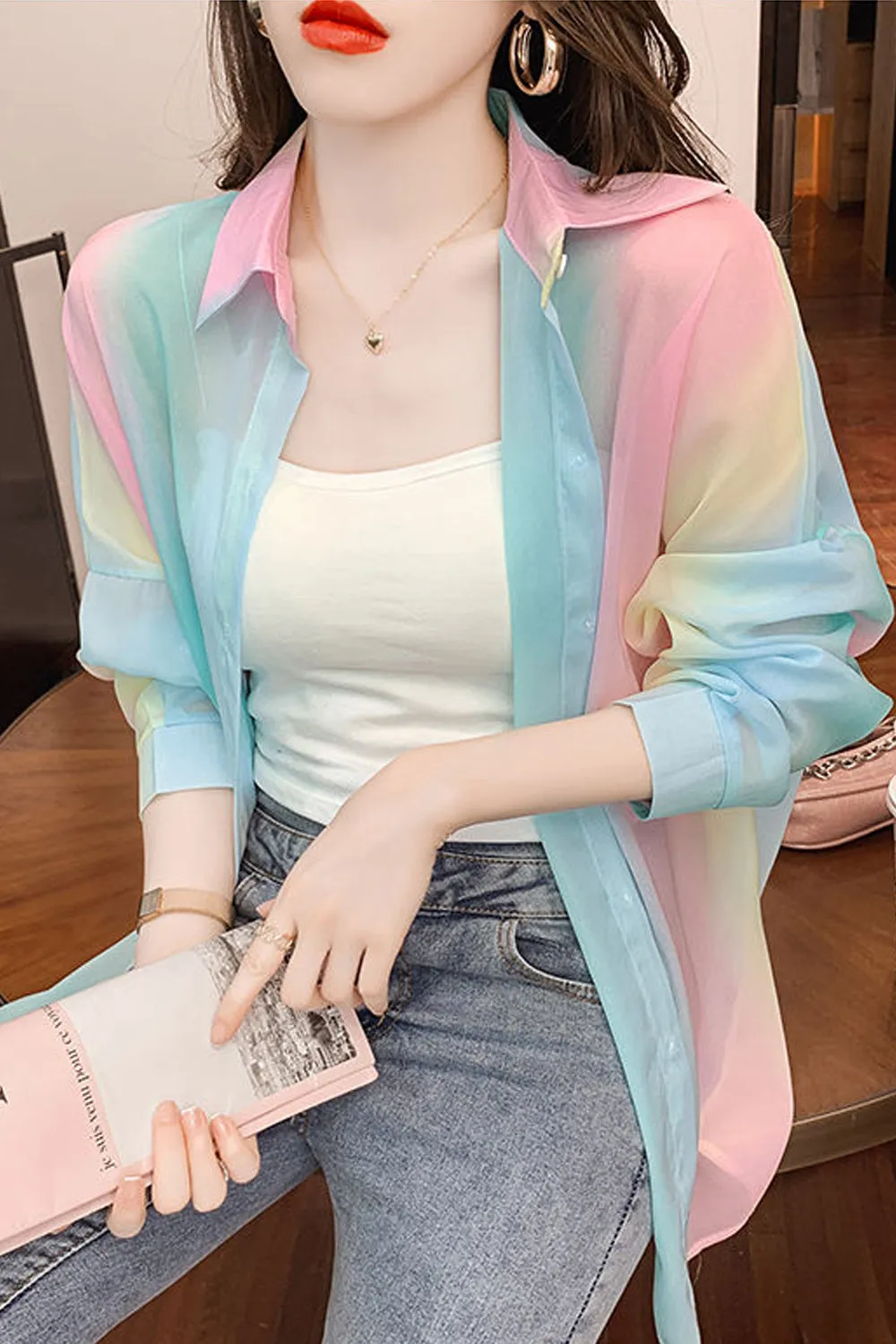 Long Sleeve Pastel Rainbow Chiffon Office Blouse Shirt