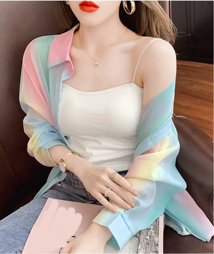 Long Sleeve Pastel Rainbow Chiffon Office Blouse Shirt
