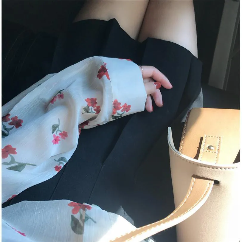 Long Sleeve Red Flowers Pattern Chiffon Blouse Shirt