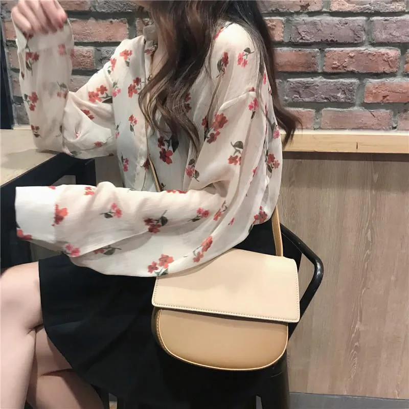 Long Sleeve Red Flowers Pattern Chiffon Blouse Shirt