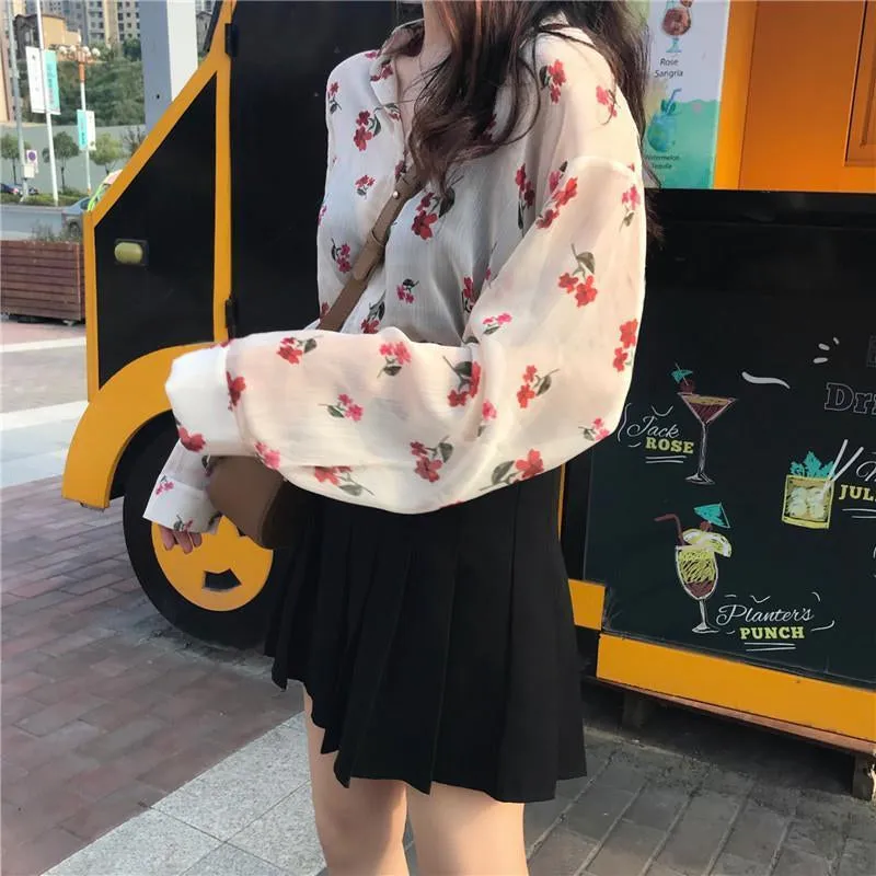 Long Sleeve Red Flowers Pattern Chiffon Blouse Shirt
