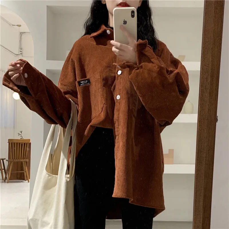 Loose Long Sleeve Basic Corduroy Shirts