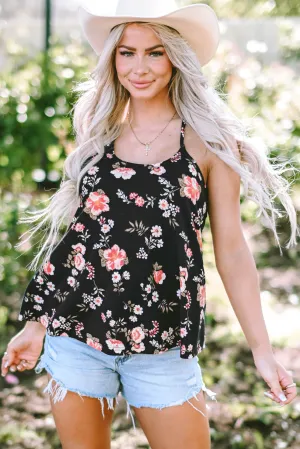 Moonlit Garden Tank – Black Floral Strappy Back Cami