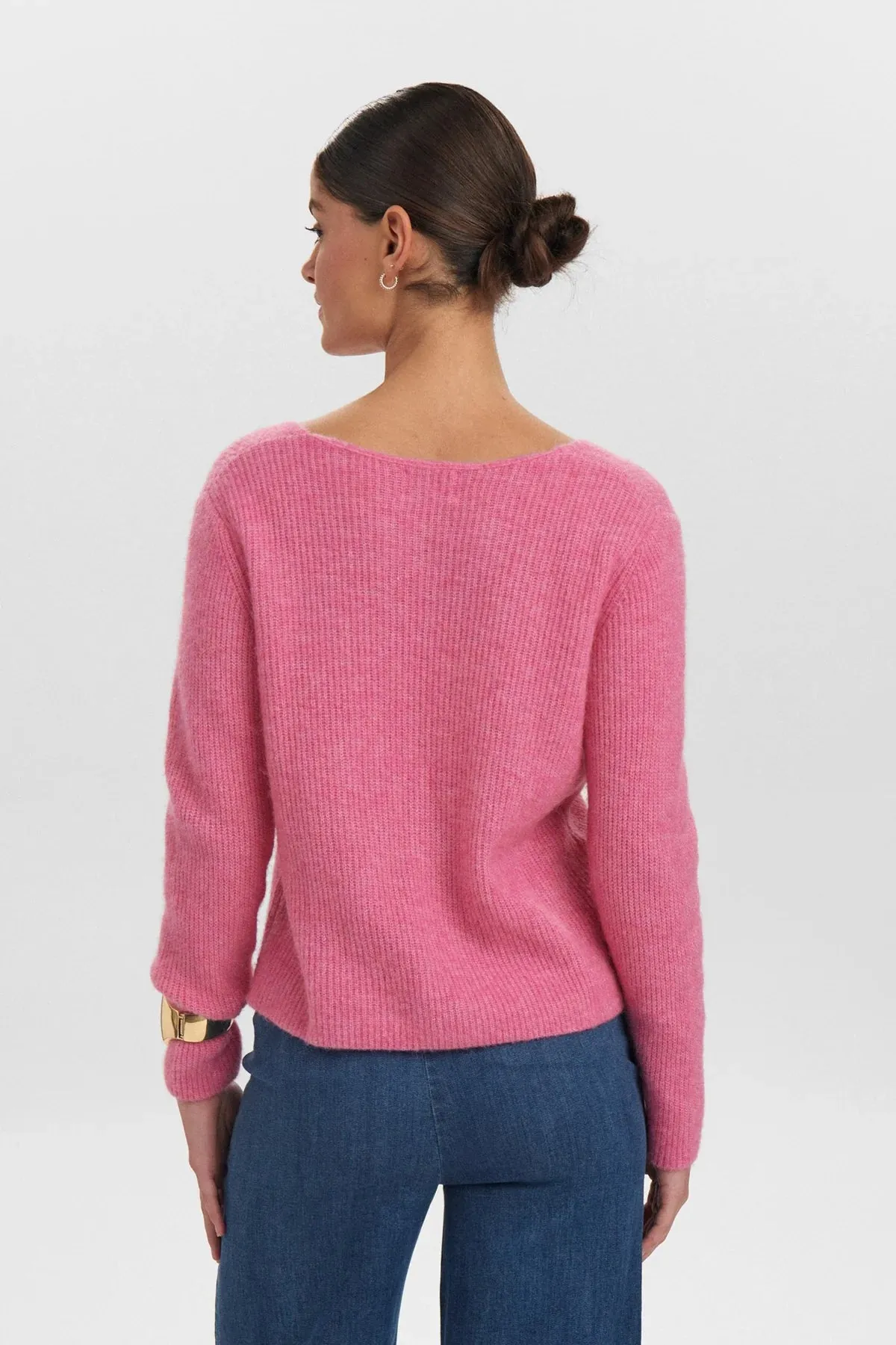 Numph Nuriette Pink Rib V Neck Wool Blend Jumper