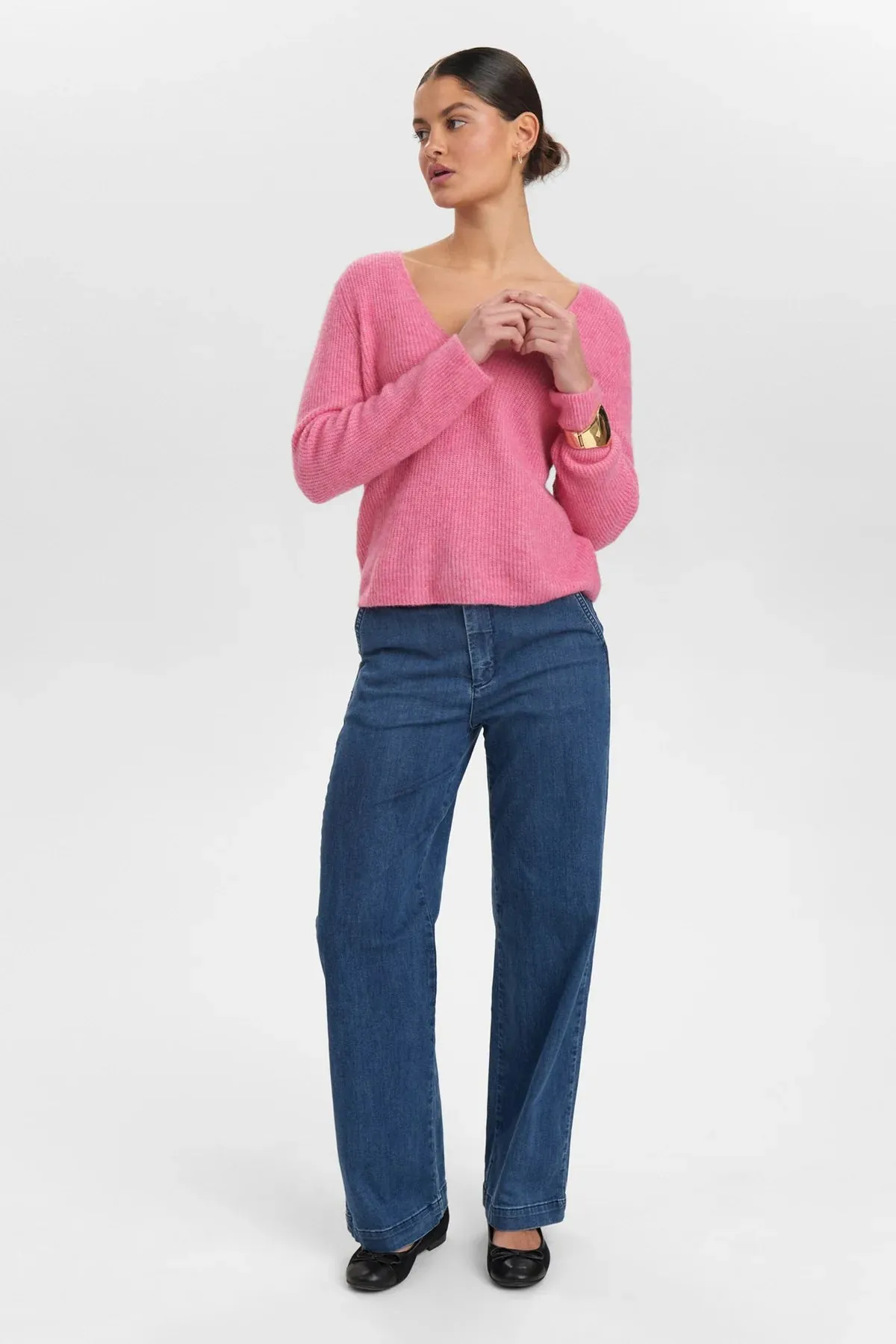 Numph Nuriette Pink Rib V Neck Wool Blend Jumper
