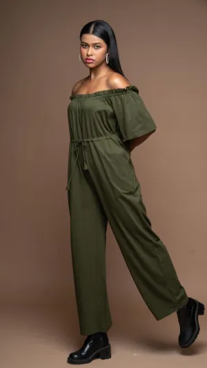 Off-Shoulder Charm Jumpsuit in Olive Green