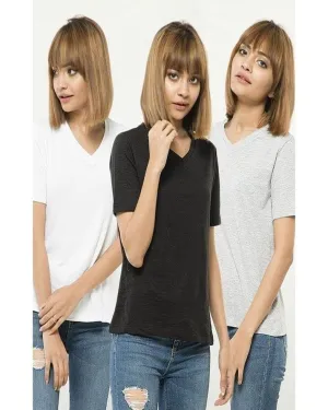 Pack of 3 -BlackWhite and Grey Cotton V-Neck T-Shirts For Her