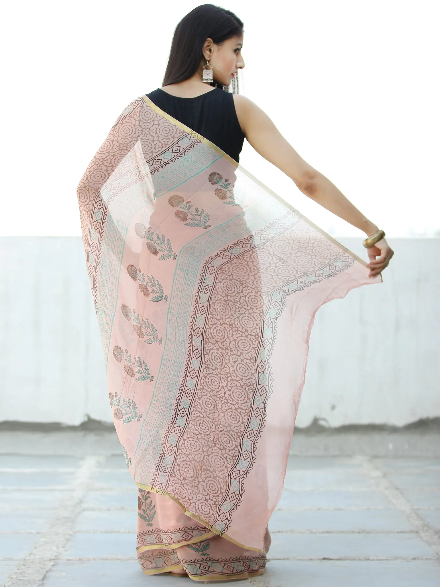 Peach Red Green Hand Block Printed Chiffon Saree with Zari Border - S031703962