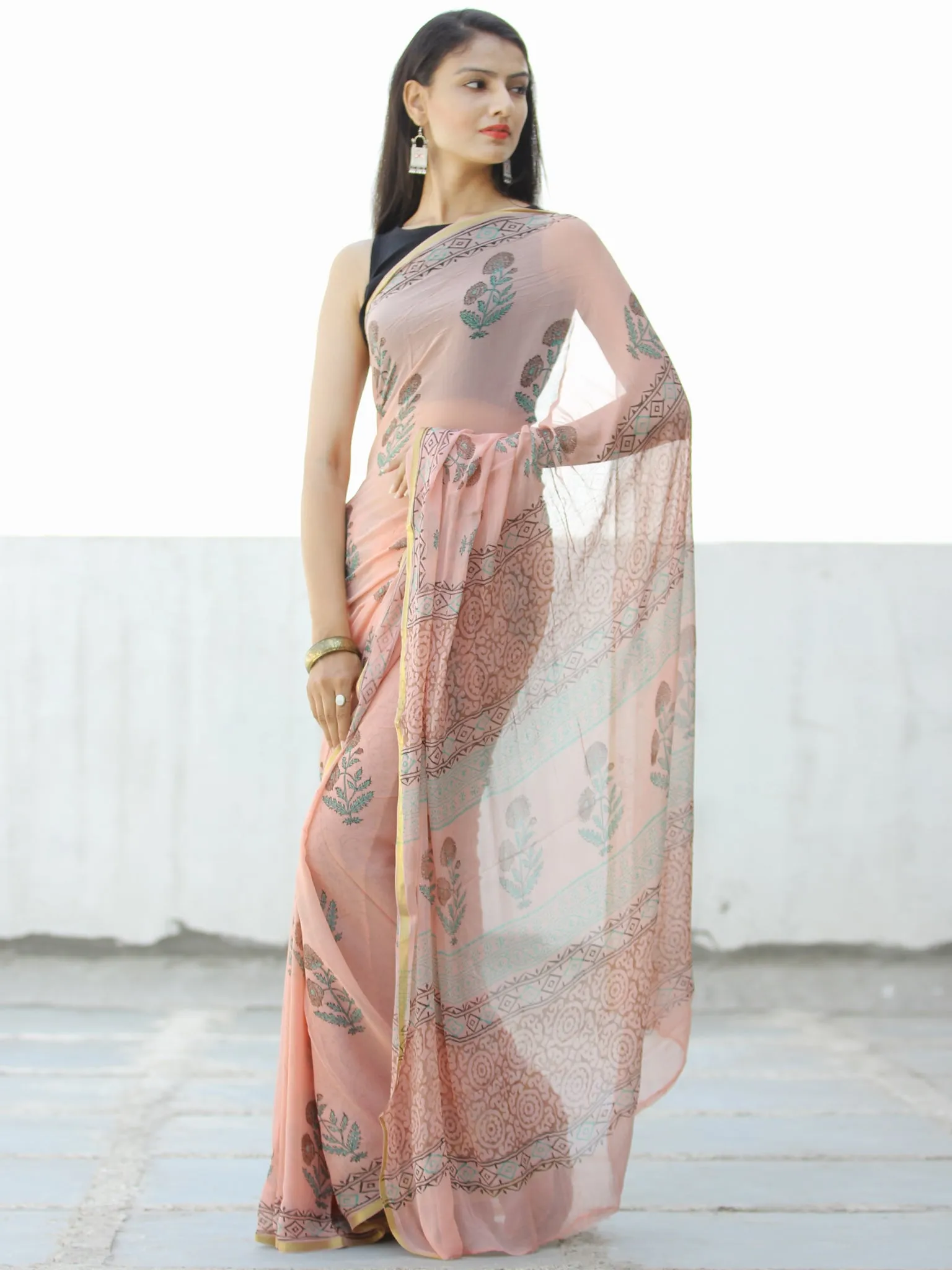 Peach Red Green Hand Block Printed Chiffon Saree with Zari Border - S031703962