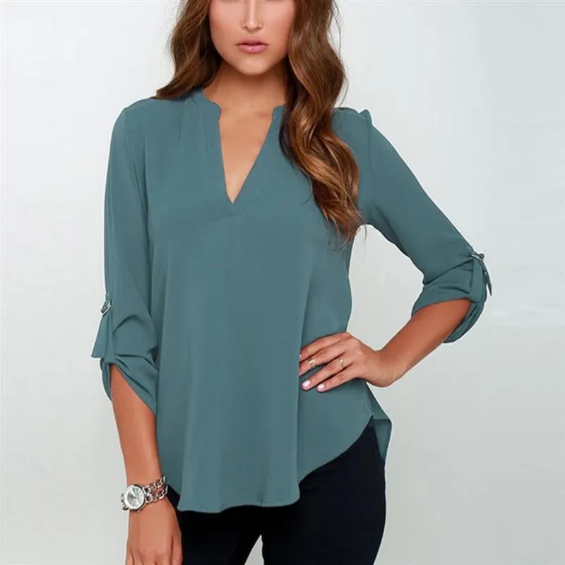 Plus Size S-3XL Fashion Elegant V Neck Long Sleeve Women Blouses Solid Casual Women Chiffon Tops Shirts