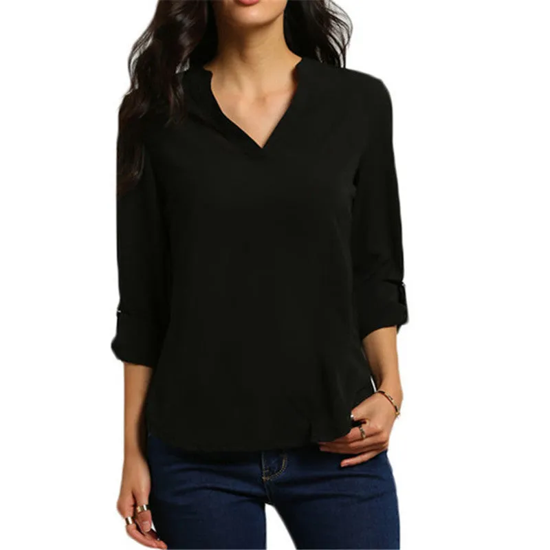 Plus Size S-3XL Fashion Elegant V Neck Long Sleeve Women Blouses Solid Casual Women Chiffon Tops Shirts