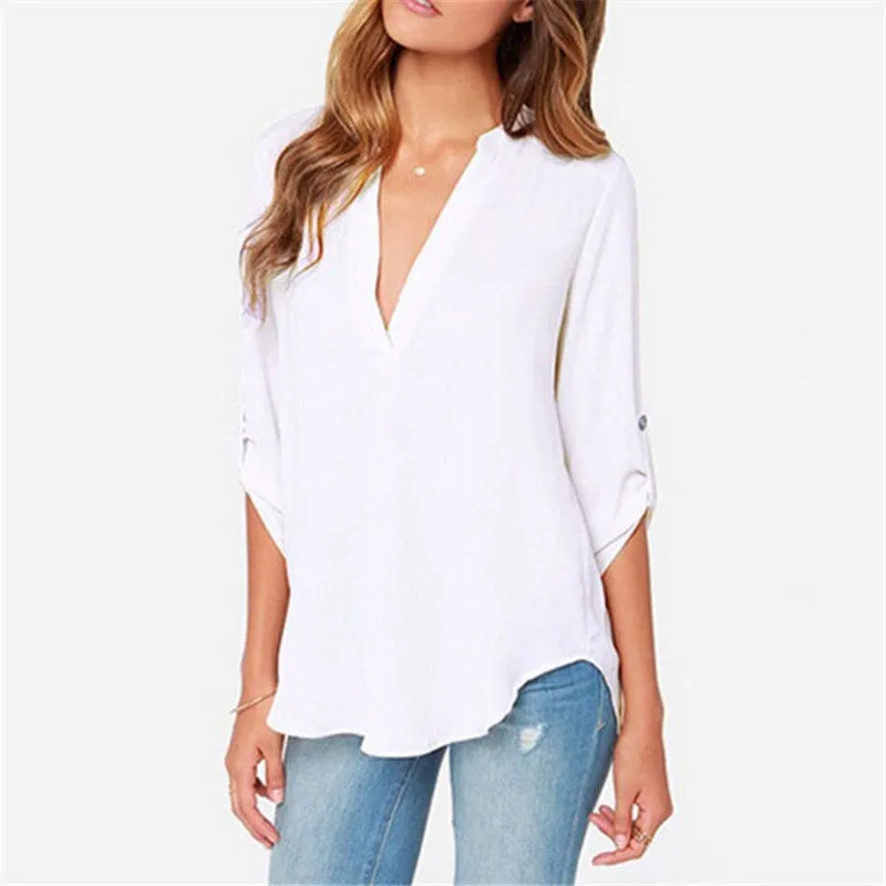 Plus Size S-3XL Fashion Elegant V Neck Long Sleeve Women Blouses Solid Casual Women Chiffon Tops Shirts