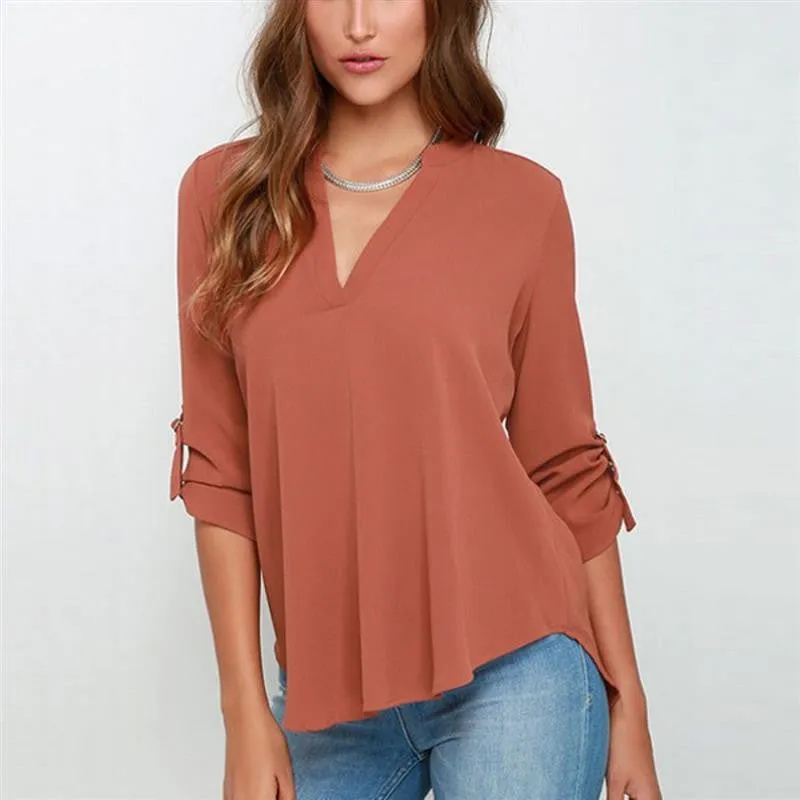 Plus Size S-3XL Fashion Elegant V Neck Long Sleeve Women Blouses Solid Casual Women Chiffon Tops Shirts