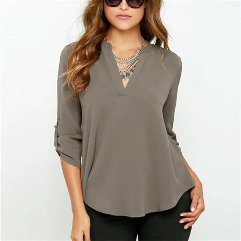 Plus Size S-3XL Fashion Elegant V Neck Long Sleeve Women Blouses Solid Casual Women Chiffon Tops Shirts