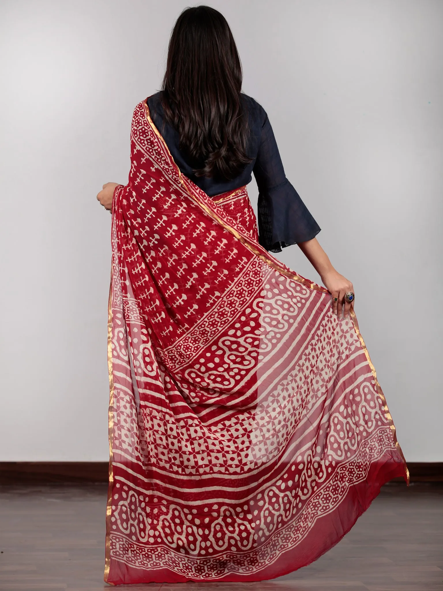 Red Ivory Hand Block Printed Chiffon Saree with Zari border - S031702732