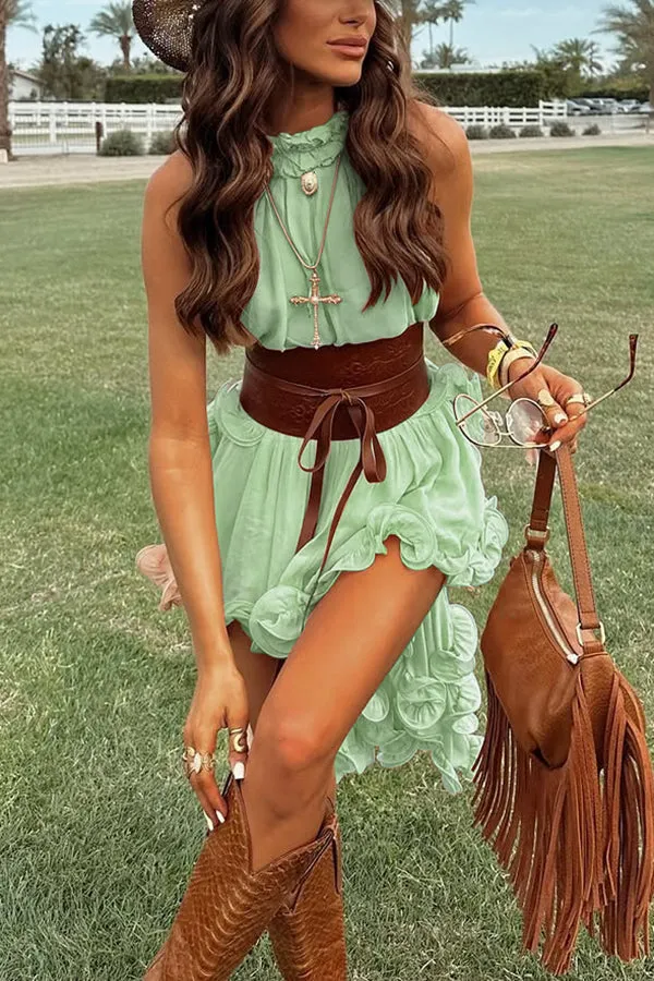Romantic Drama Chiffon Wavy Ruffles Halter Irregular A-line Top