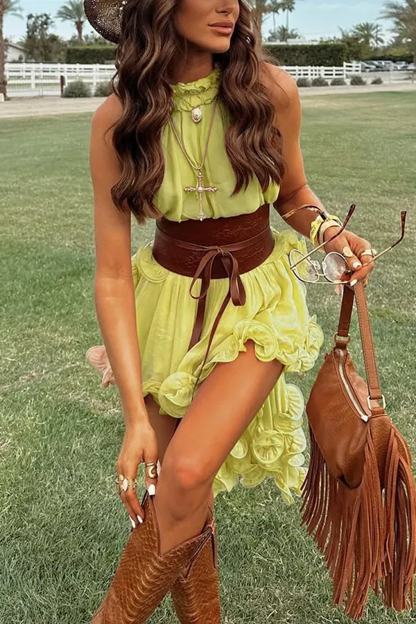 Romantic Drama Chiffon Wavy Ruffles Halter Irregular A-line Top