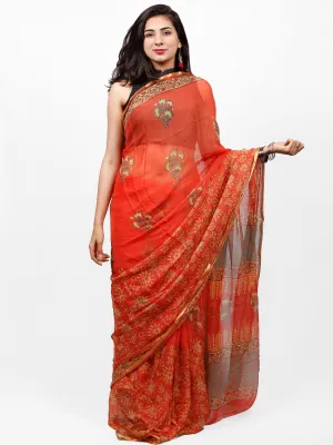 Scarlet Mustard Green Hand Block Printed Chiffon Saree with Zari Border - S031703291