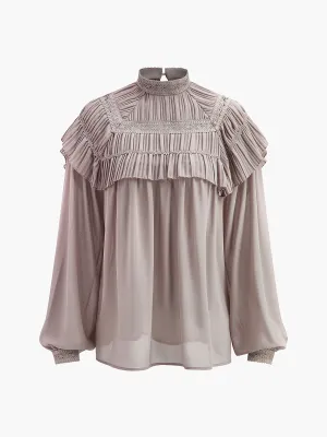 Semi-Sheer Button Pleated Chiffon Blouse