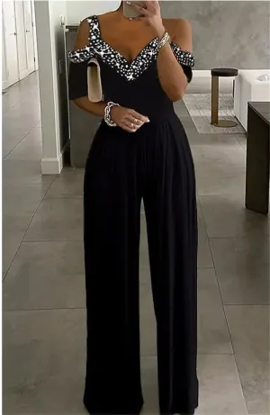 Sexy&Club Fashion Women's 2023 Spring Summer New Wide-leg Jumpsuit Sequins Print Casual V Neck Off Shoulder Pants Party Rompers