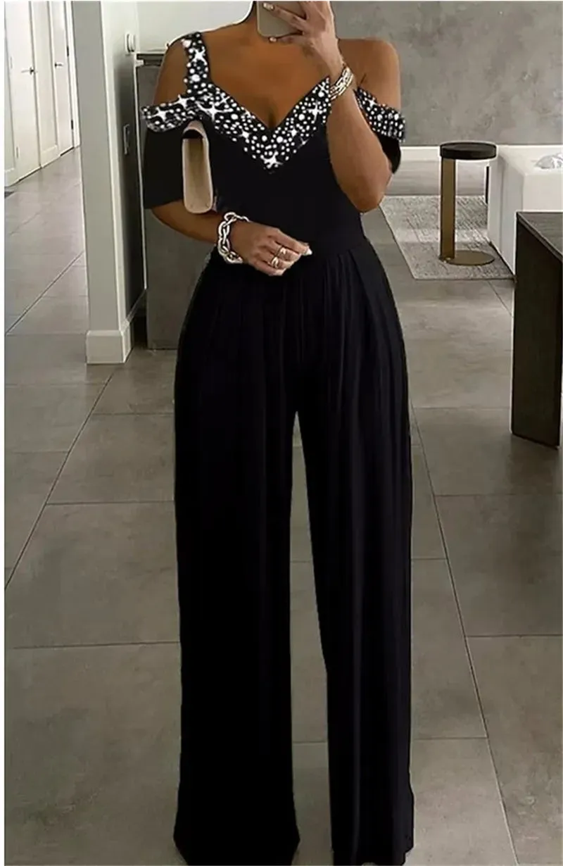 Sexy&Club Fashion Women's 2023 Spring Summer New Wide-leg Jumpsuit Sequins Print Casual V Neck Off Shoulder Pants Party Rompers