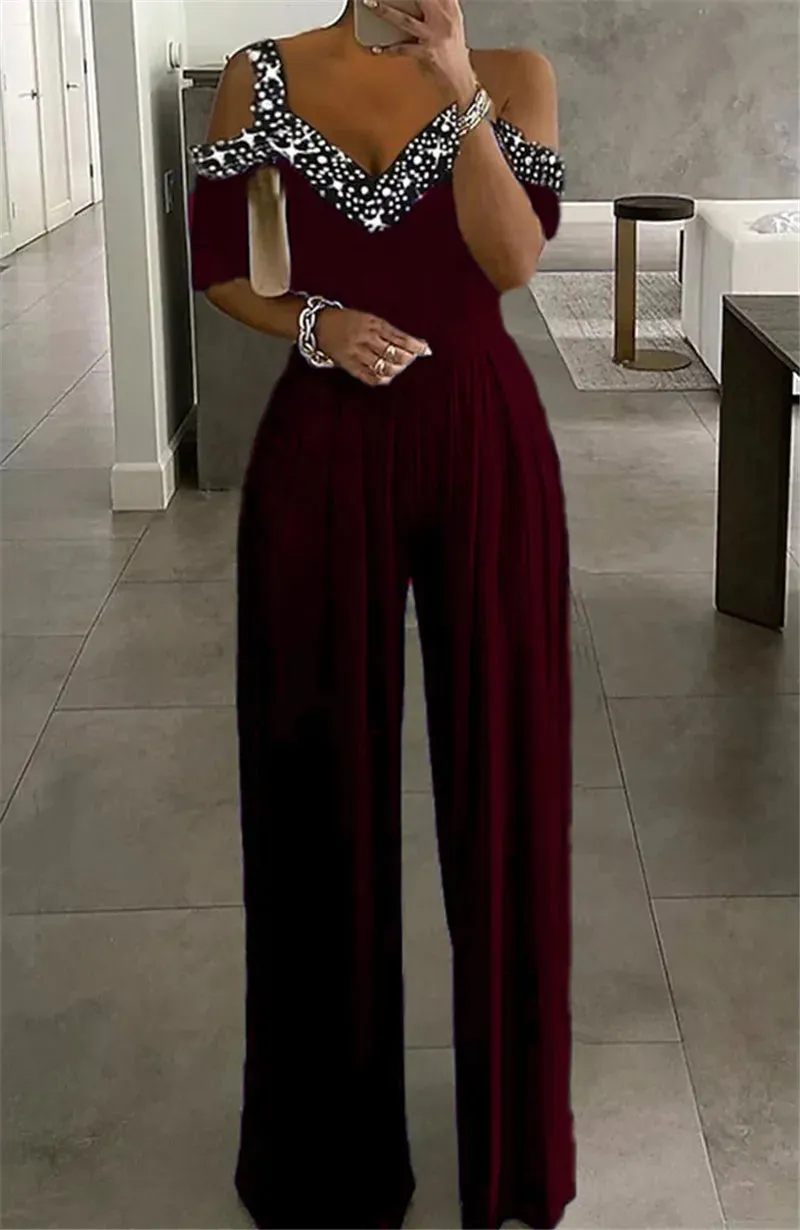 Sexy&Club Fashion Women's 2023 Spring Summer New Wide-leg Jumpsuit Sequins Print Casual V Neck Off Shoulder Pants Party Rompers