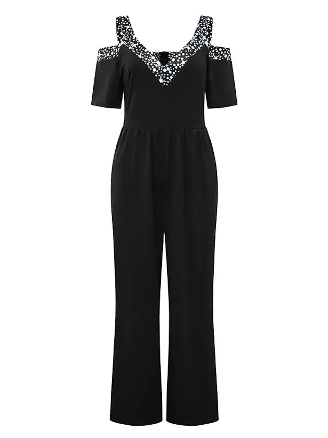 Sexy&Club Fashion Women's 2023 Spring Summer New Wide-leg Jumpsuit Sequins Print Casual V Neck Off Shoulder Pants Party Rompers