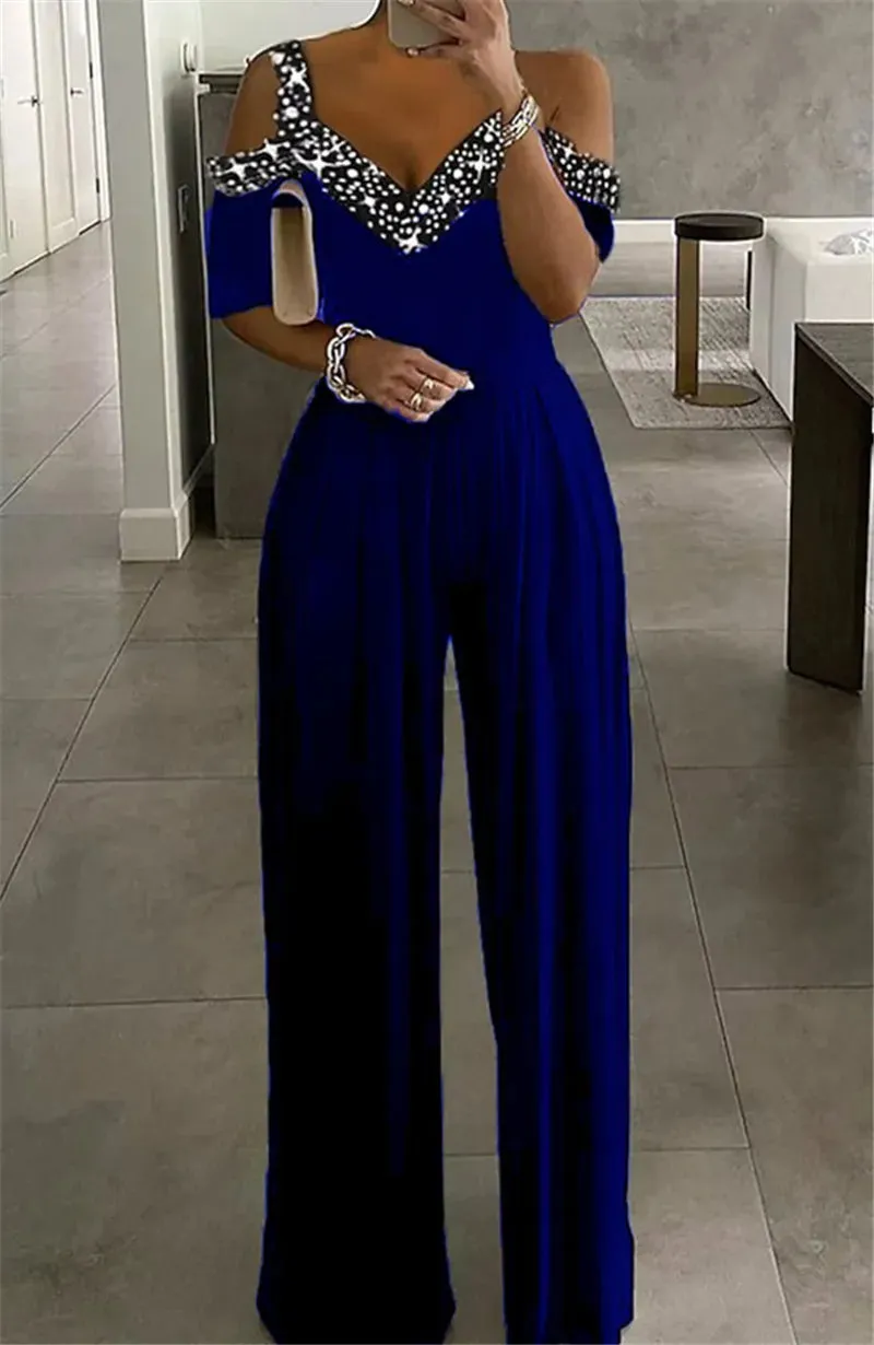 Sexy&Club Fashion Women's 2023 Spring Summer New Wide-leg Jumpsuit Sequins Print Casual V Neck Off Shoulder Pants Party Rompers