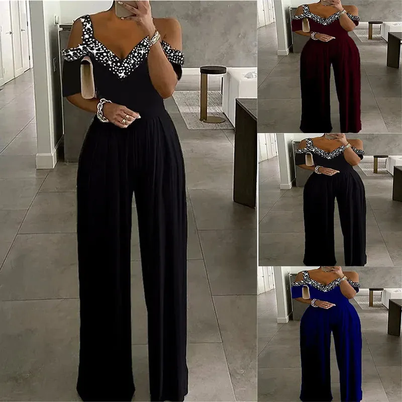 Sexy&Club Fashion Women's 2023 Spring Summer New Wide-leg Jumpsuit Sequins Print Casual V Neck Off Shoulder Pants Party Rompers
