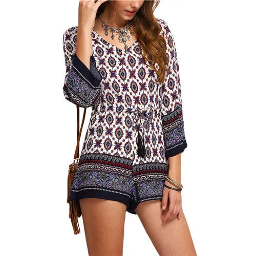 Shorts Rompers Womens Jumpsuits Summer Multicolor V Neck Three Quarter Length Sleeve Tribal Print Tassel-Tied Romper